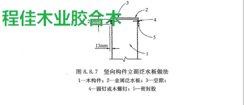 图7竖向构件立面泛水板做法 1一木构件;2——金属泛水板;3—空隙; 4—圆钉或木螺钉;5—密封胶